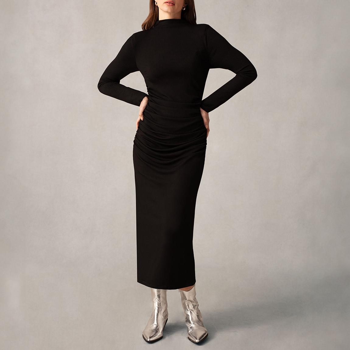 Black Rib Jersey Gathered Dress