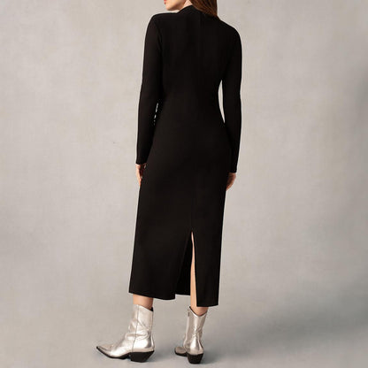 Black Rib Jersey Gathered Dress