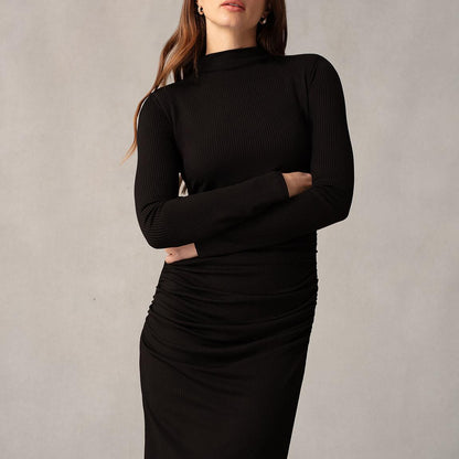 Black Rib Jersey Gathered Dress