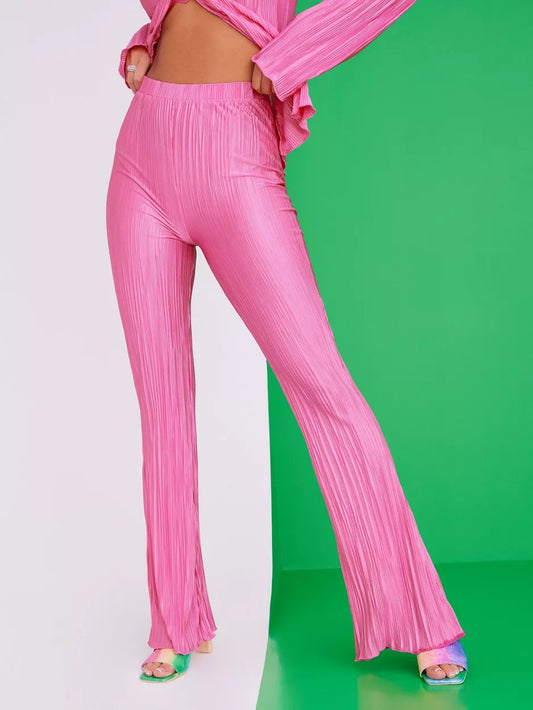 Pink Plisse Flare Trousers