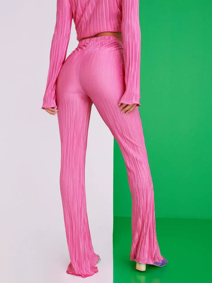 Pink Plisse Flare Trousers