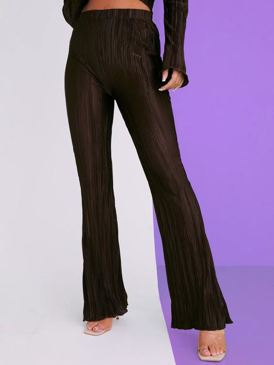 Flared Plisse Trousers Chocolate Brown