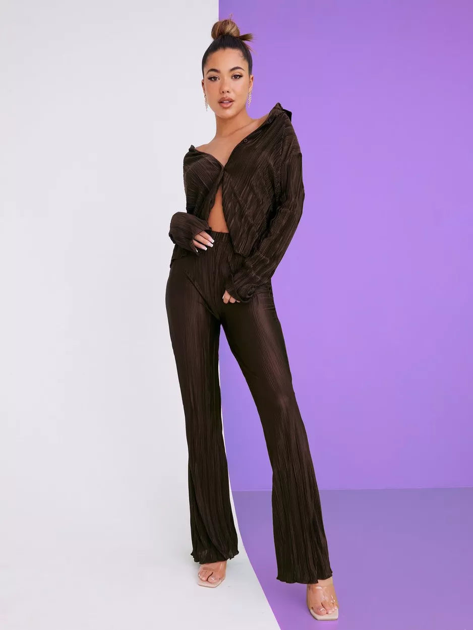 Flared Plisse Trousers Chocolate Brown