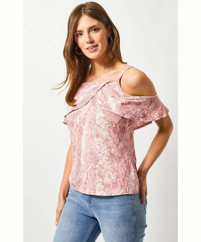 Pink Animal Print Cold Shoulder Top