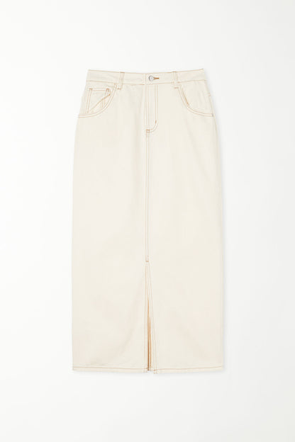 High-Waist Denim Midi Skirt with Slit