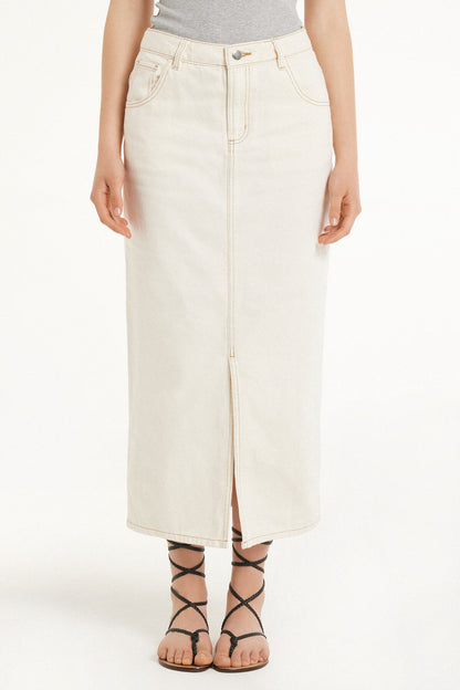 High-Waist Denim Midi Skirt with Slit