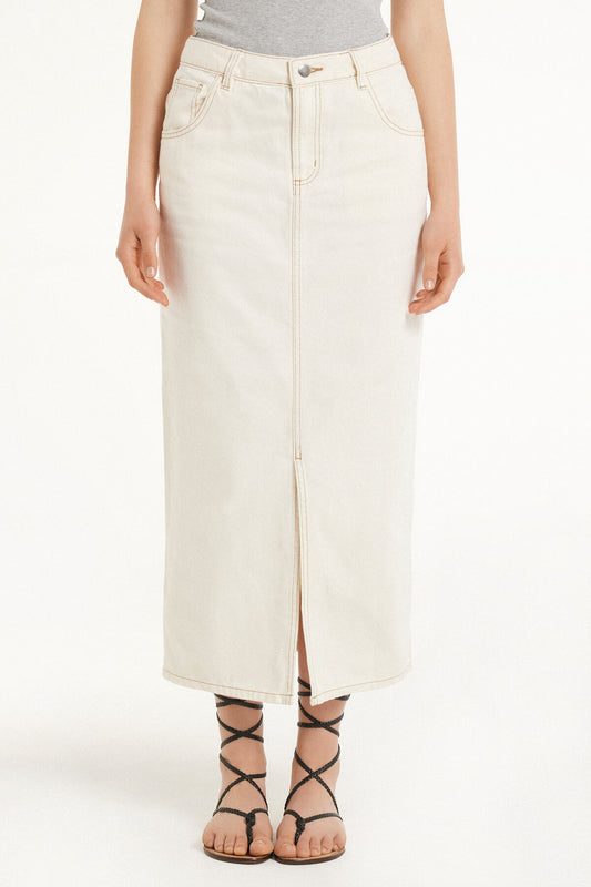 High-Waist Denim Midi Skirt with Slit