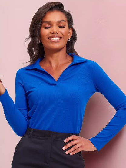 Cobalt Blue Collared Skinny Fit Rib Top