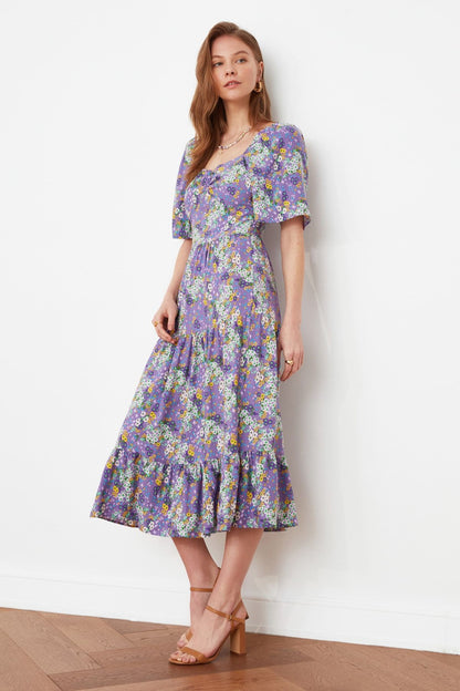 Purple Floral Woven Midi Dress