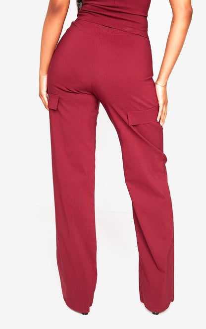 Cherry Red Stretch Woven Low Rise Cargo Trousers