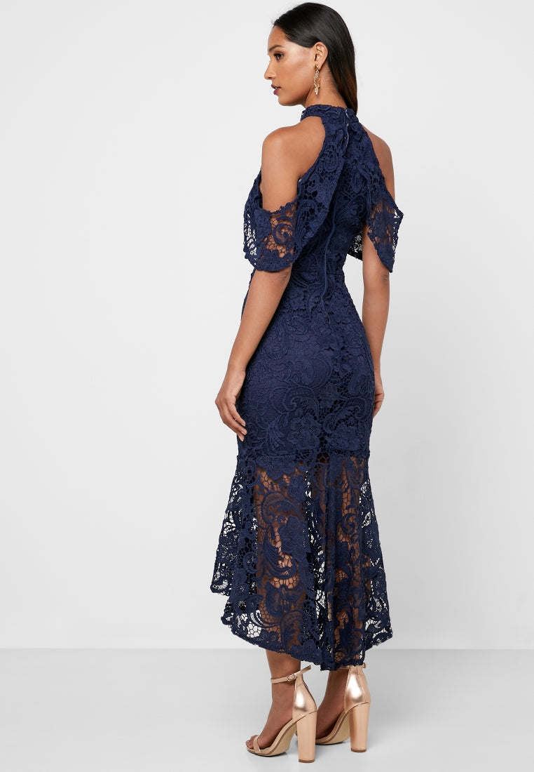 Navy Guipure Neck Low High Dress