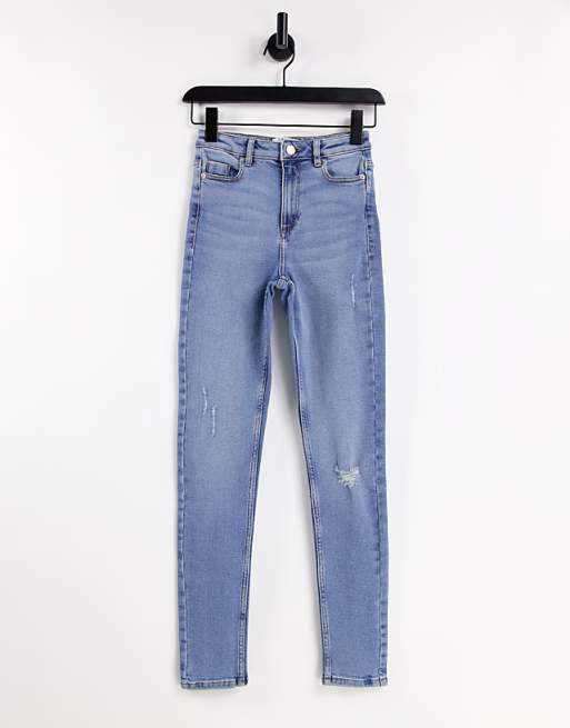 Lizzie High Waist Ripped Hem Skinny Jean in midwash blue