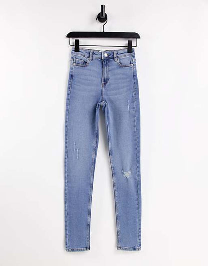 Lizzie High Waist Ripped Hem Skinny Jean in midwash blue