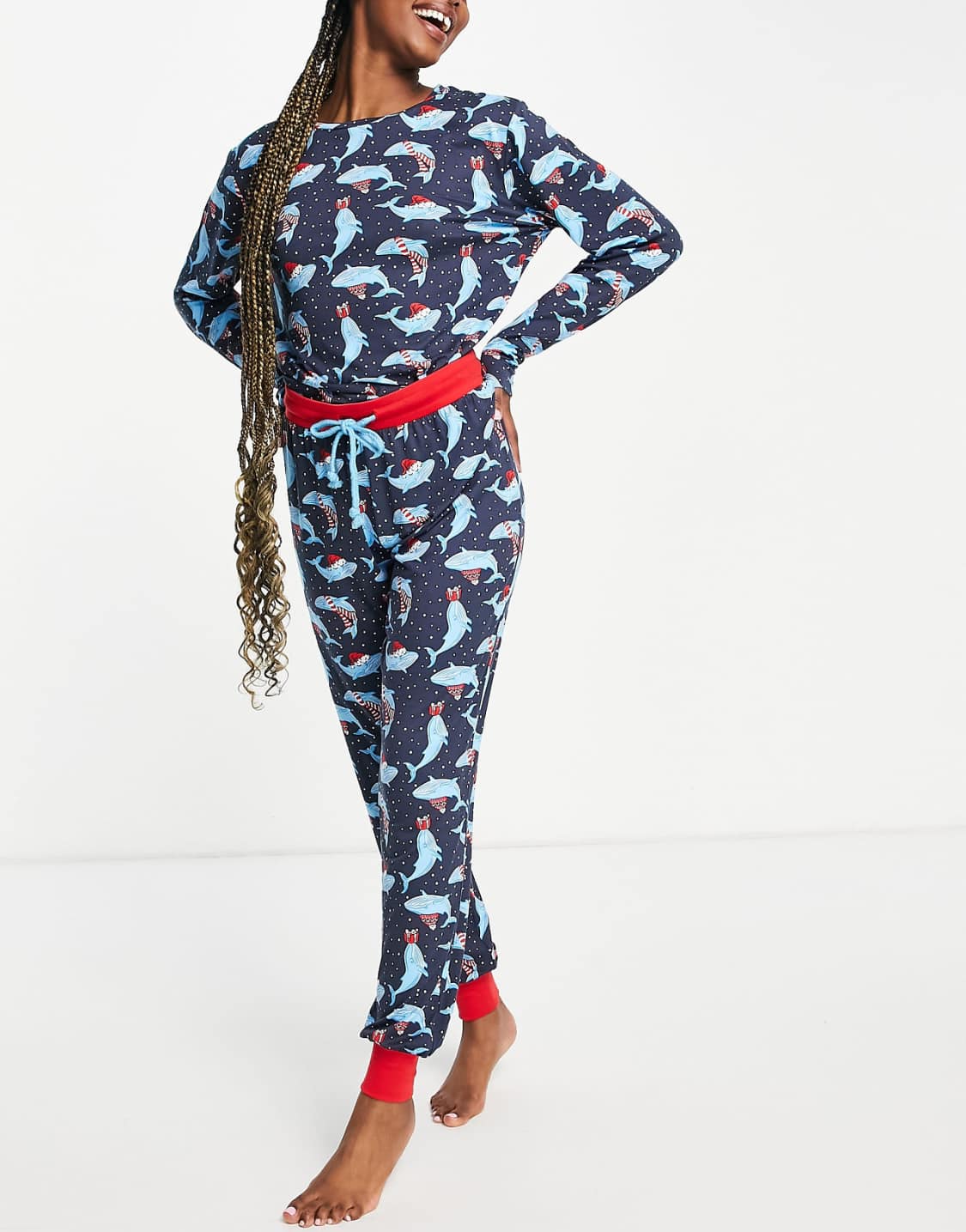 Christmas festive whales long pyjamas in navy