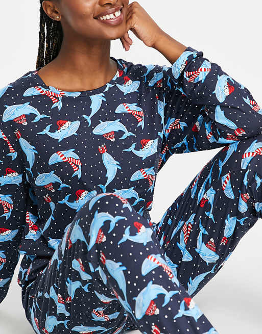 Christmas festive whales long pyjamas in navy