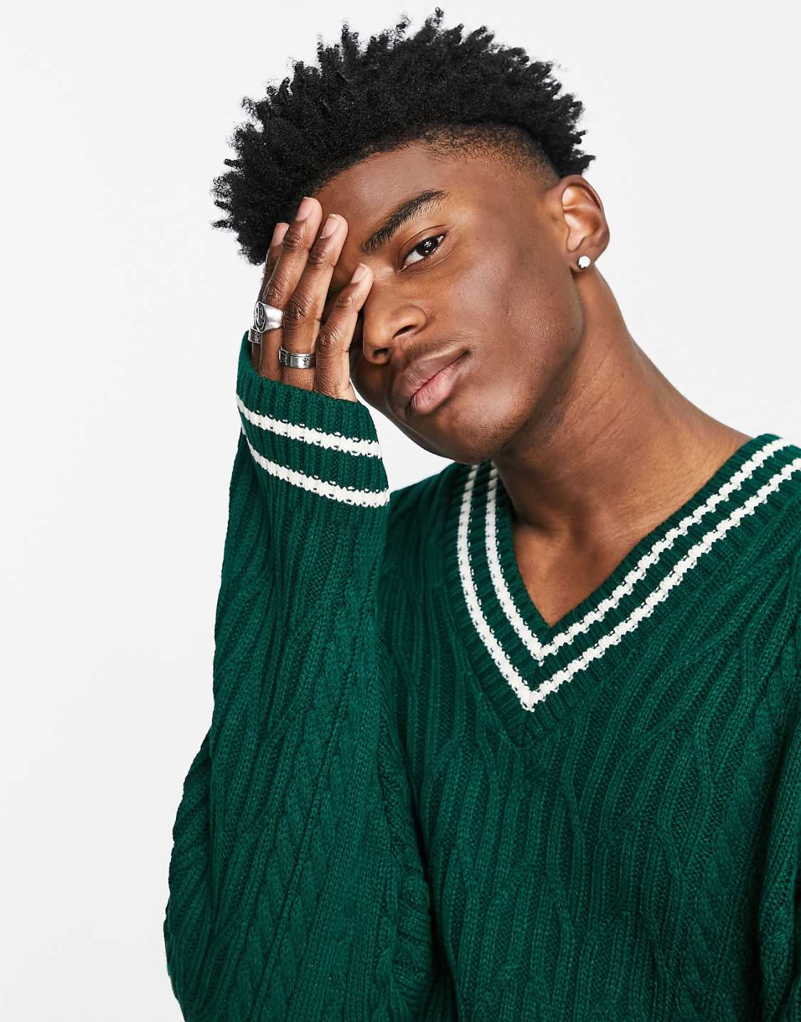 ASOS DESIGN Cable Knit Cricket Jumper in Bottle Green