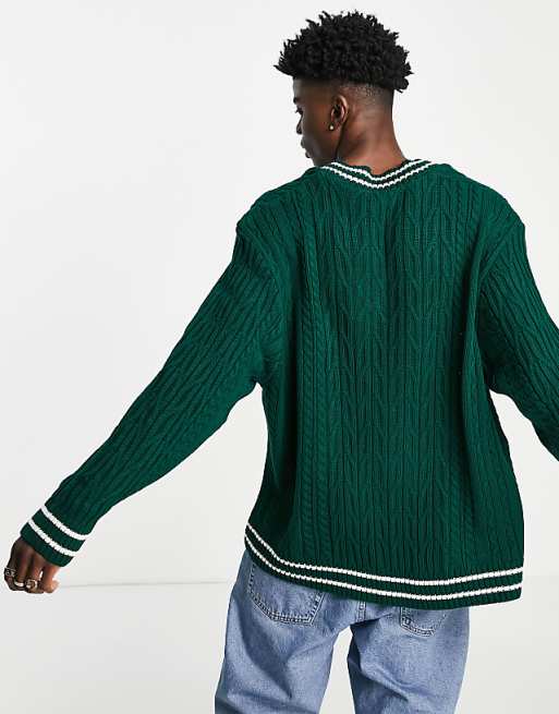 ASOS DESIGN Cable Knit Cricket Jumper in Bottle Green