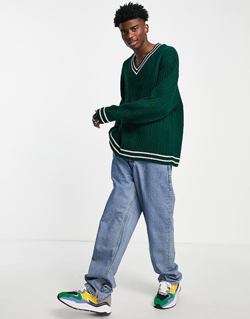 ASOS DESIGN Cable Knit Cricket Jumper in Bottle Green