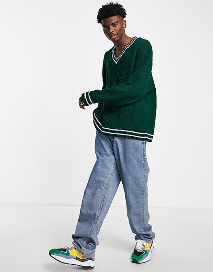 ASOS DESIGN Cable Knit Cricket Jumper in Bottle Green