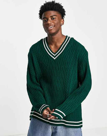 ASOS DESIGN Cable Knit Cricket Jumper in Bottle Green