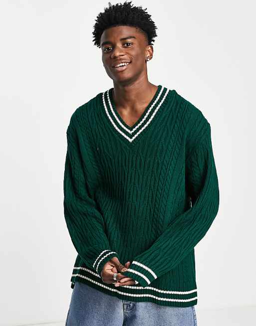 ASOS DESIGN Cable Knit Cricket Jumper in Bottle Green