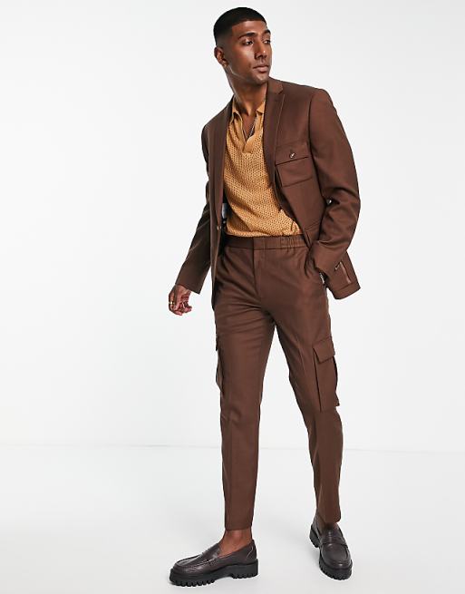 Topman Utility Suit Slim Jacket Brown