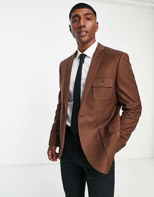 Topman Utility Suit Slim Jacket Brown