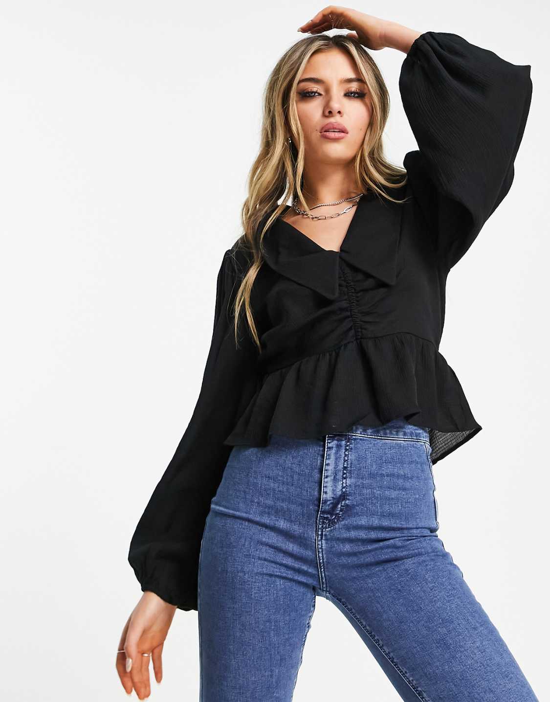 Dropped collar blouse in black