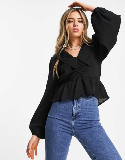 Dropped collar blouse in black