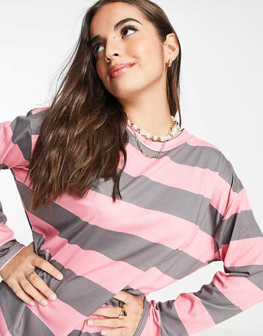 Oversized Long Sleeve T-shirt Dress in Dark Grey and Pink Stripe