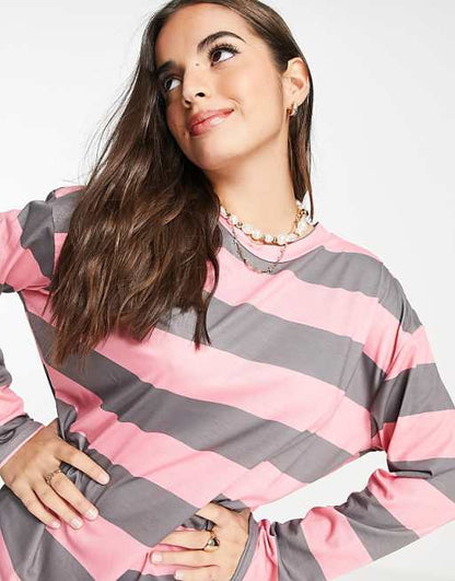 Oversized Long Sleeve T-shirt Dress in Dark Grey and Pink Stripe
