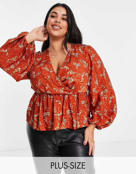 Floral Wrap Blouse Brown