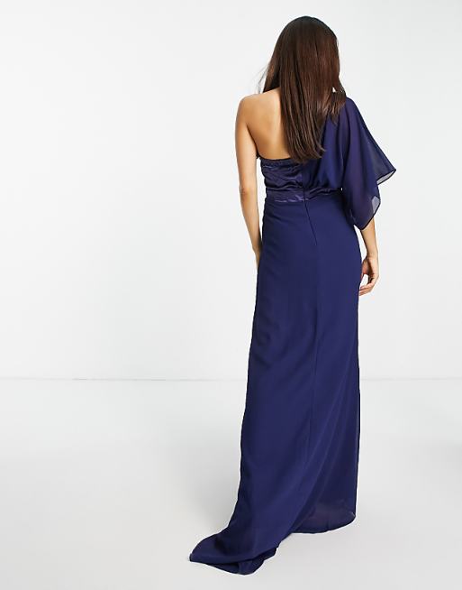 TFNC Petite Bridesmaid one shoulder chiffon maxi dress in navy