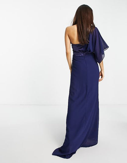 TFNC Petite Bridesmaid one shoulder chiffon maxi dress in navy