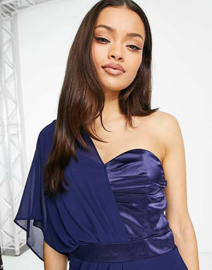 TFNC Petite Bridesmaid one shoulder chiffon maxi dress in navy