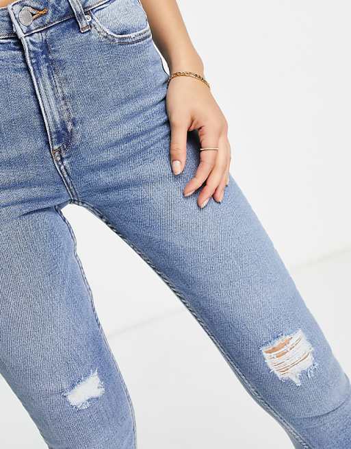 Lizzie High Waist Ripped Hem Skinny Jean in midwash blue