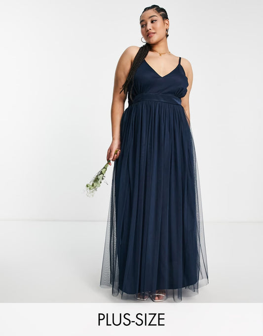 Plus Tulle Plunge front Maxi Dress in Navy