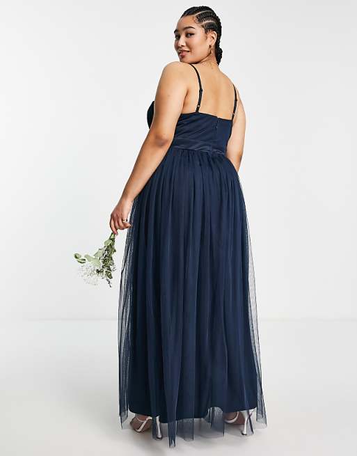 Plus Tulle Plunge front Maxi Dress in Navy