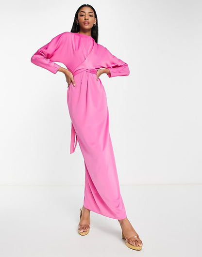 ASOS DESIGN Maxi Dress with Batwing Sleeve and Wrap Waist in Satin in Bright Pink