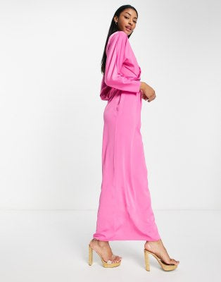 ASOS DESIGN Maxi Dress with Batwing Sleeve and Wrap Waist in Satin in Bright Pink