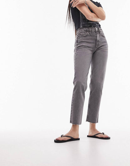 High Waist Straight Leg Raw Hem Jean Grey