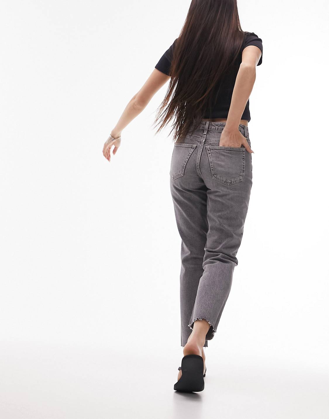 High Waist Straight Leg Raw Hem Jean Grey