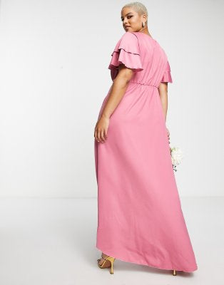 Bridesmaid Satin Maxi Flutter Sleeves Dress