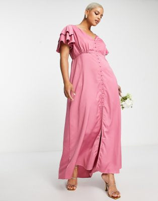 Bridesmaid Satin Maxi Flutter Sleeves Dress