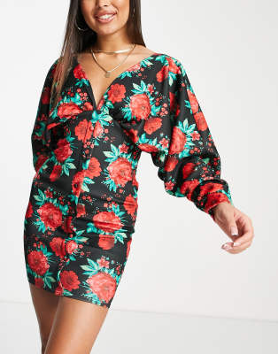ASOS DESIGN volume sleeve rose floral button bodycon mini dress