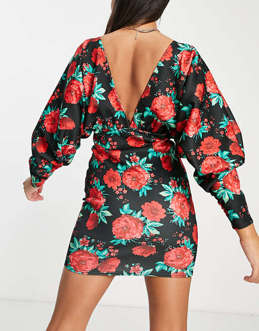 ASOS DESIGN volume sleeve rose floral button bodycon mini dress