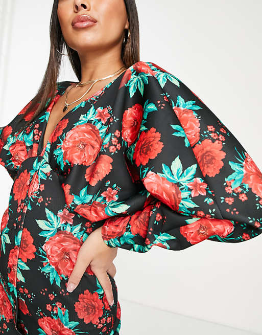 ASOS DESIGN volume sleeve rose floral button bodycon mini dress