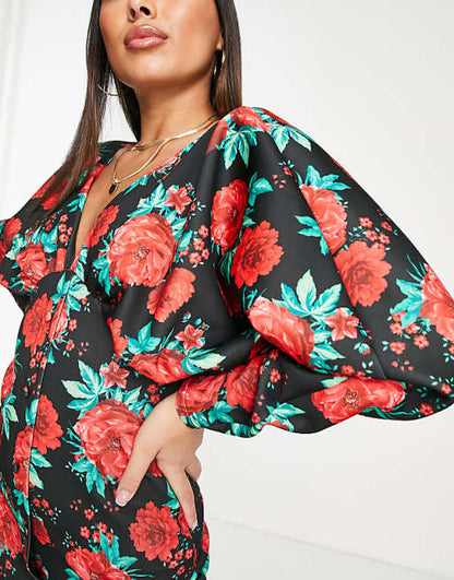ASOS DESIGN volume sleeve rose floral button bodycon mini dress