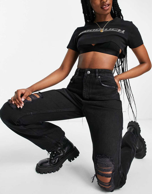 Distressed Straight Fit Jeans in Washed Black