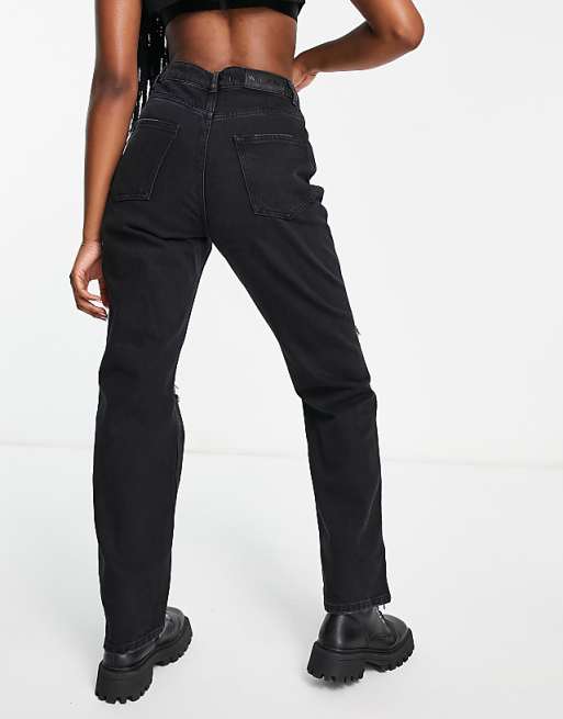 Distressed Straight Fit Jeans in Washed Black